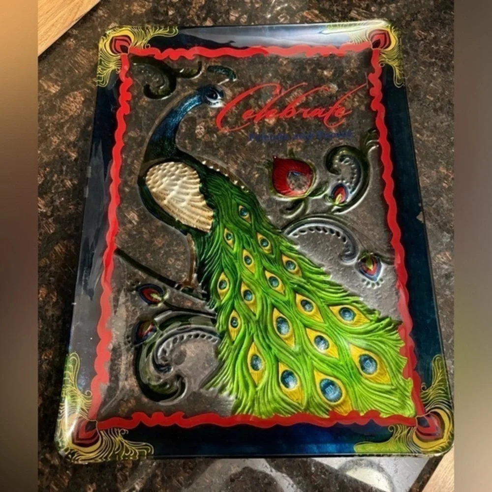 Celebrate Friends and Family Colorful‎ Peacock Glass Serving Tray 12